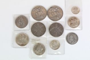 A collection of eleven Queen Victoria silver coins to include Crowns, Double Florins, Half Crowns,