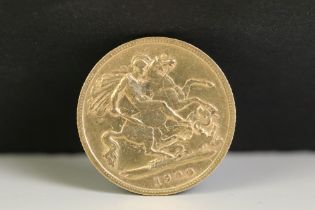 A British Queen Victoria 1900 gold half sovereign coin.