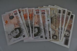 A collection of twelve British £10 banknotes to include some Scottish examples, various Chief