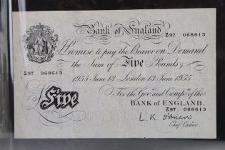 A British Bank Of England 1955 White Five Pound / £5 Banknote, Chief Cashier L.K. O'Brien, No. Z97