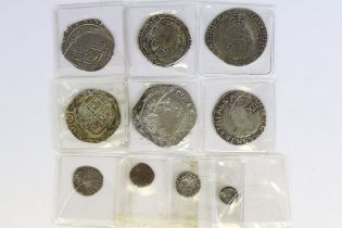 A collection of nine British King Charles I hammered silver coins to include Half Crown,