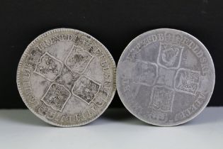 Two British King George II 1746 early milled silver half crown coins.