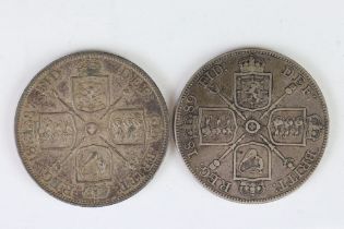 Two British pre decimal silver Queen Victoria double florin coins to include 1887 & 1889 examples.