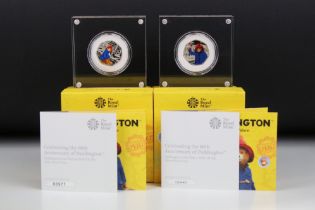 Two United Kingdom Royal Mint silver proof paddington bear 50p coins to include At The Palace & At