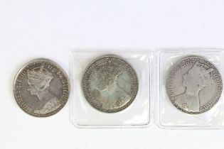 A collection of three British Queen Victoria silver Gothic florins to include 1880, 1885 and 1853