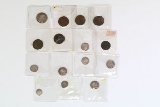 A collection of British King Charles II silver and copper coins to include shilling, half groat,