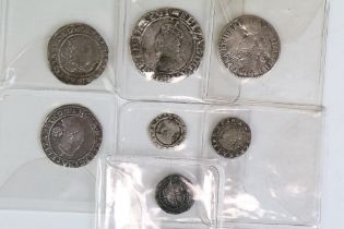 A collection of seven British Queen Elizabeth I hammered silvert coins to include Shilling, 3 x