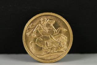 A British King Edward VII 1908 gold full sovereign coin with Melbourne mint mark.