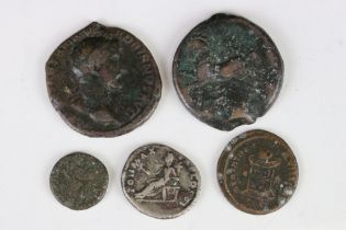 A Collection Of Five Roman Coins To Include A Silver Example.