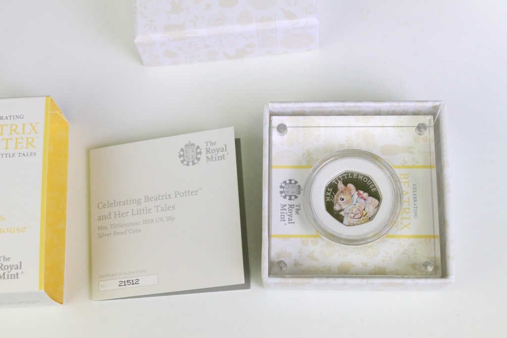 A collection of five United Kingdom Royal Mint Beatrix Potter silver proof 50p coins to include 2019 - Image 8 of 11
