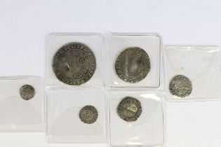 A collection of six British King James I hammered silver coins to include a shilling, sixpence, 2