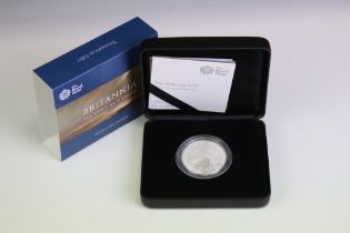 A United Kingdom Royal Mint 2019 Britannia fine silver 1oz coin encapsulated within fitted display