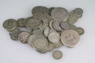 A collection of British pre decimal silver coins to include Crowns, Half Crowns, Florins,