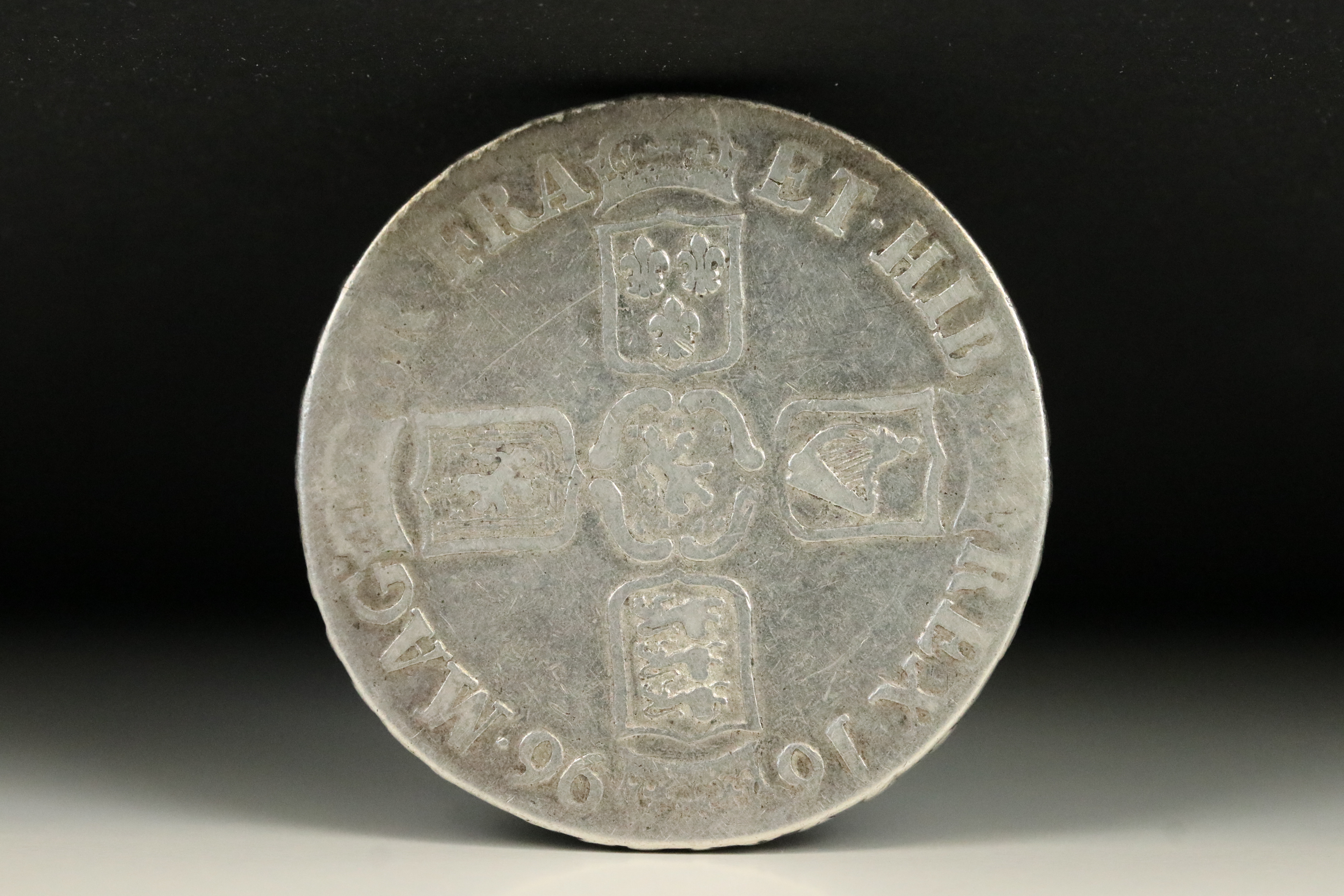 A British King William III early milled 1696 silver full crown coin. - Image 2 of 2