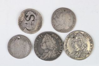 A small collection of five British early milled King George II silver coins