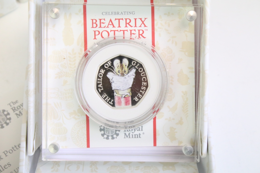 A collection of five United Kingdom Royal Mint Beatrix Potter silver proof 50p coins to include 2019 - Image 2 of 11