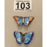 2 x silver and enamel Butterfly brooches,