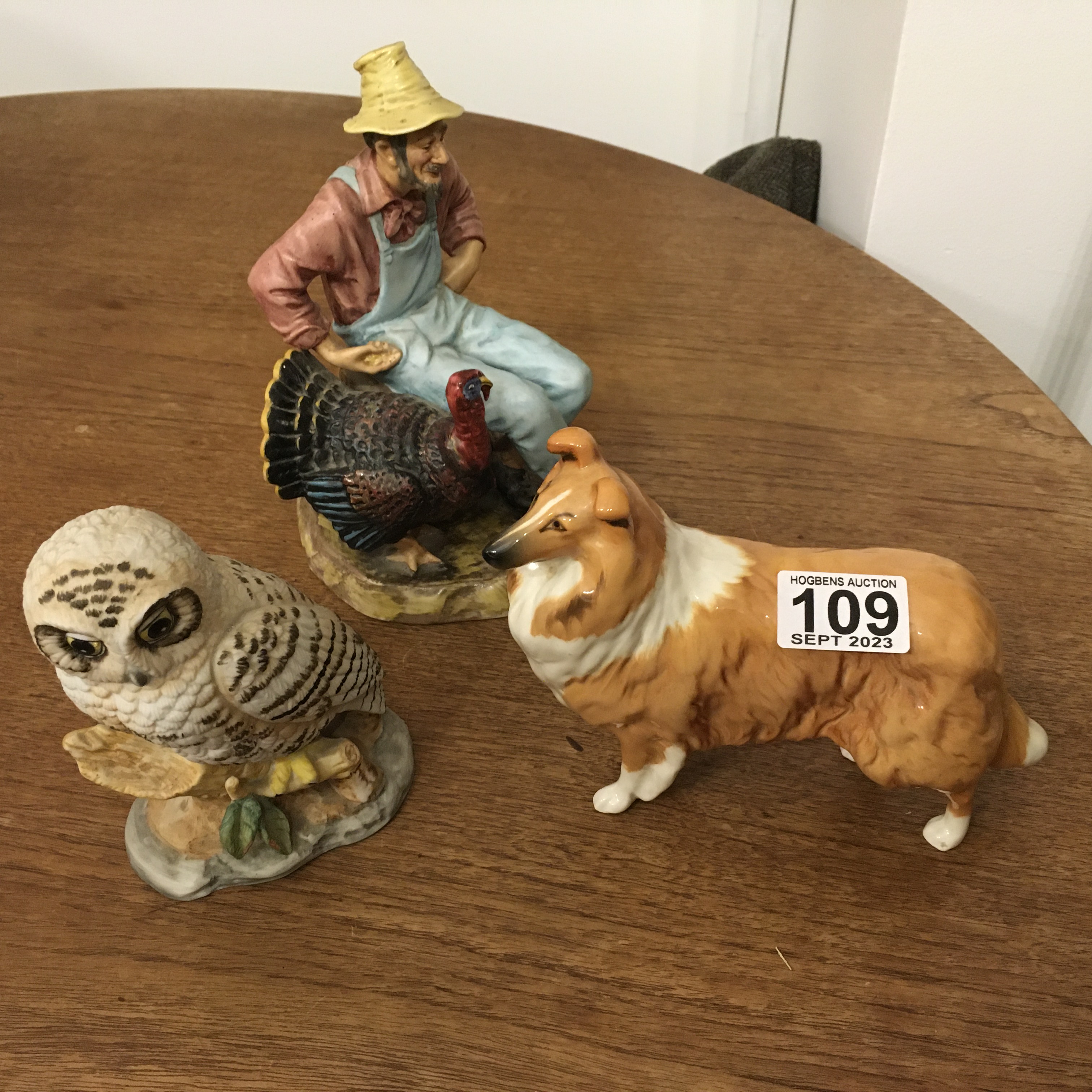 3 x Beswick items to include Dog Owl and Man with turkey entitled Thanksgiving,