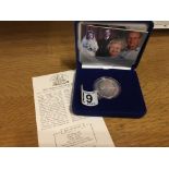 The Royal Mint, 2007 Diamond Wedding SILVER proof £5 Crown with box and paper work