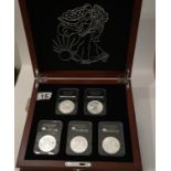 Complete set of American Eagles SILVER Dollars in wooden presentation case, containing 5 x SILVER