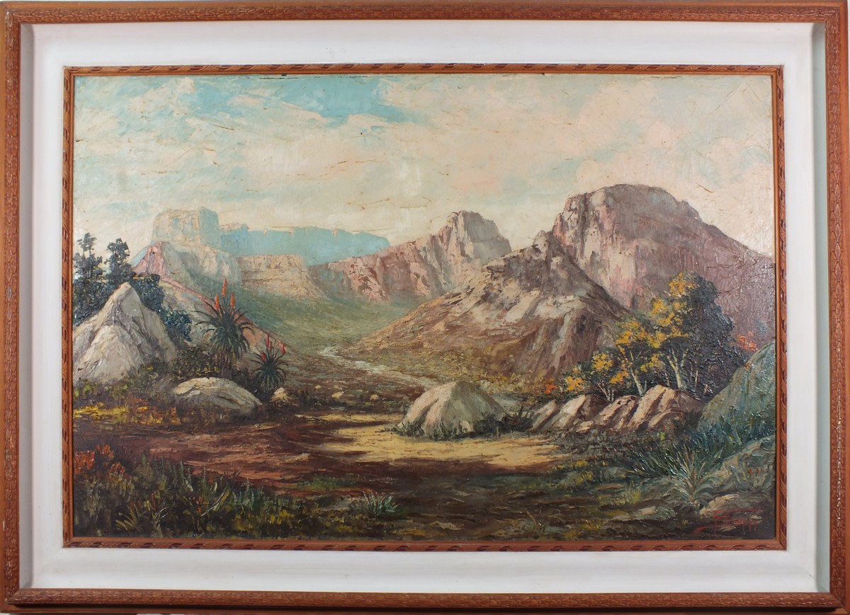 WITHDRAWN  F S***** (20th Century South African) Mountainous South African Landscape, Oil on canvas,