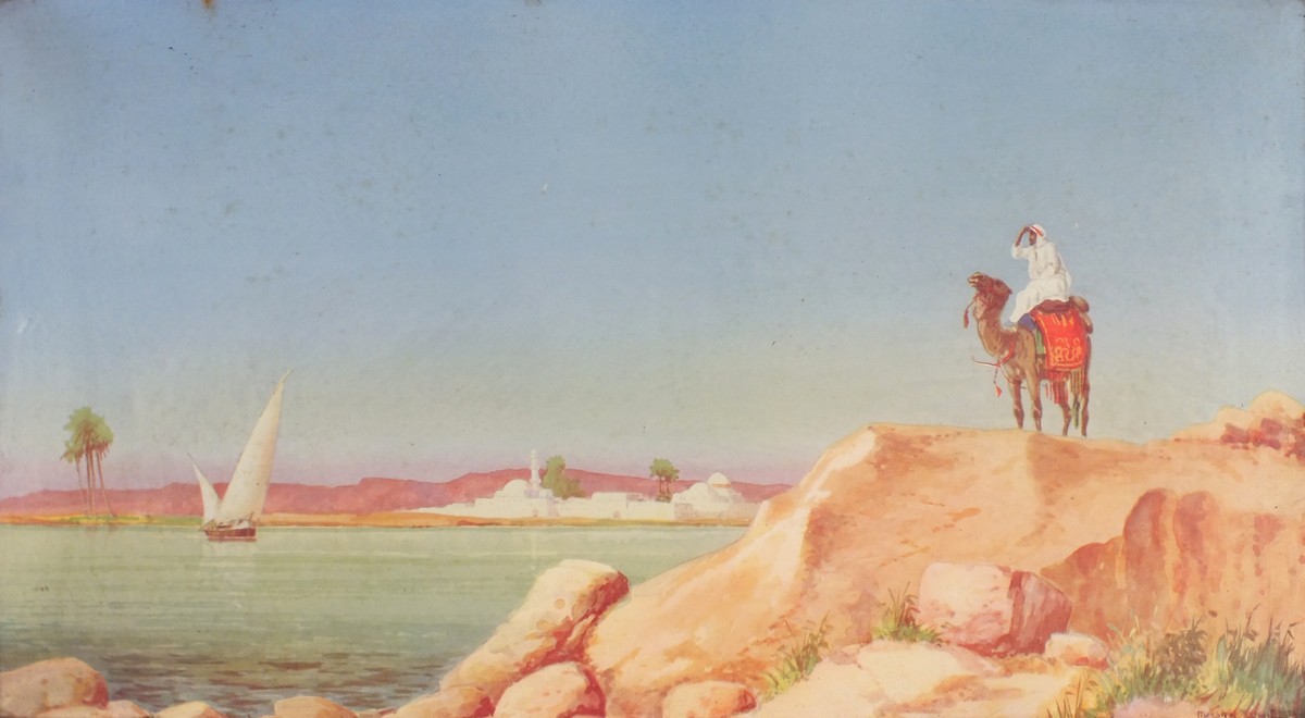 Hassund el YASHMICH (19th/20th Century) Figure on a camel, Watercolour, Signed lower right, 9.5" x