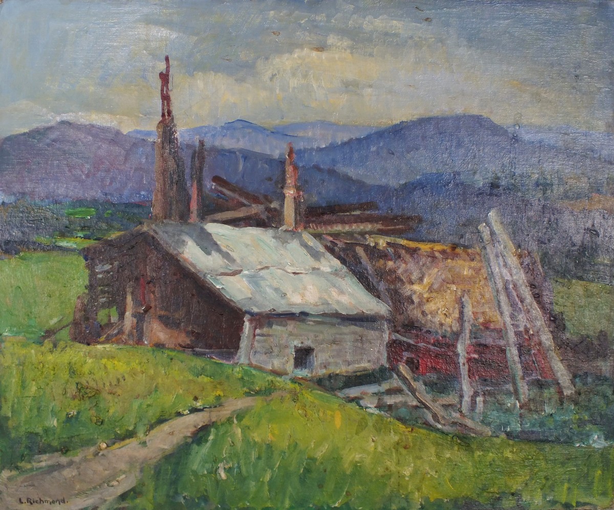 Leonard RICHMOND (British 1889-1965) Derelict Barn in Extensive Mountainous Landscape - probably