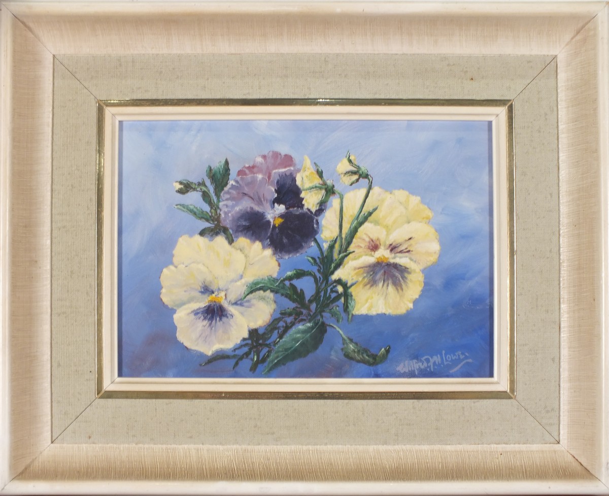 Wilfred F H LOWE (British 20th Century) Pansies Still Life, Oil on board, Signed lower right, 6.5" x - Image 2 of 6