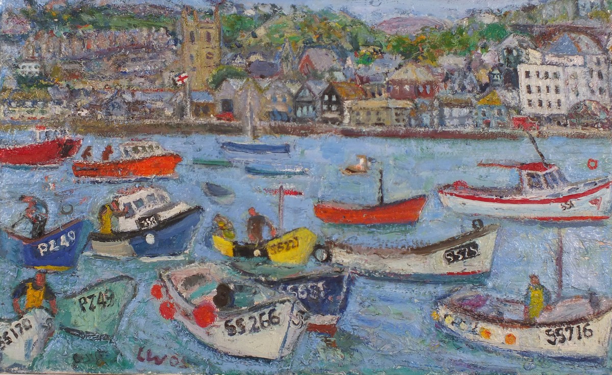 Linda WEIR (British b. 1949) Into the Harbour, High Tide, Oil on canvas, Signed with initials and