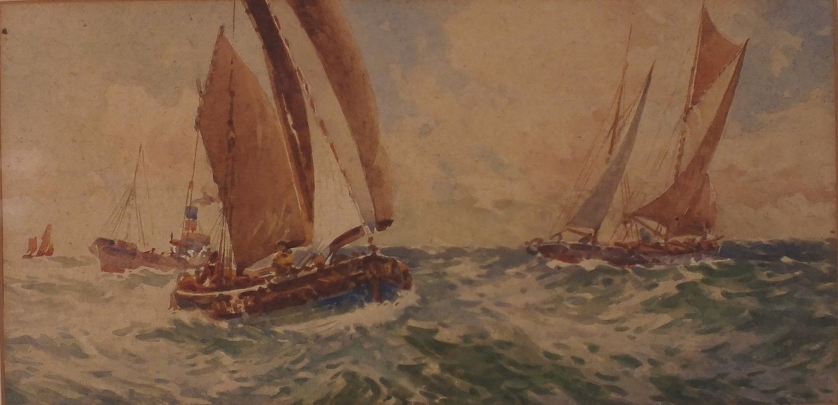 Arthur WHITE (British 1965-1953) A Fishing Fleet Heading Out, Watercolour, 7.5" x 14.75" (18cm x