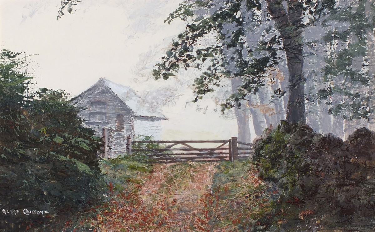 Valerie CHILTERN (British 20th/21st Century) September Mist - woodland track with barn, Oil on