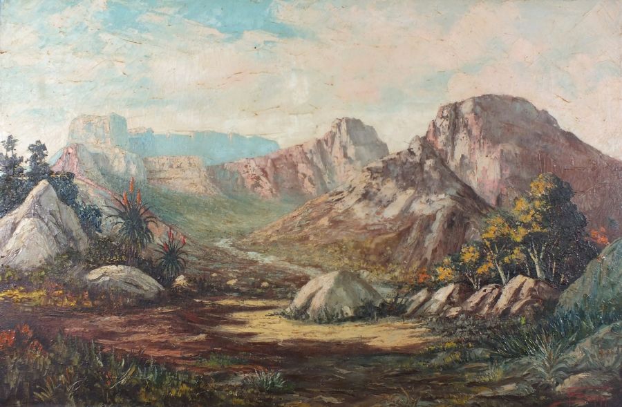 WITHDRAWN  F S***** (20th Century South African) Mountainous South African Landscape, Oil on canvas, - Image 2 of 3