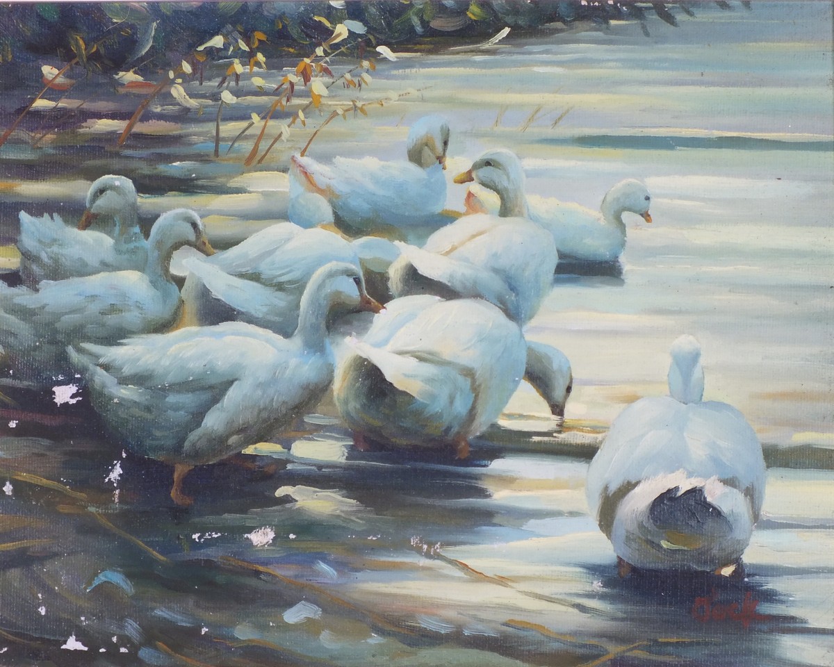 JOCK (British 20th/21st Century) A Flock of Ducks on a Lake, Oil on canvas, Signed lower right, 7.5"