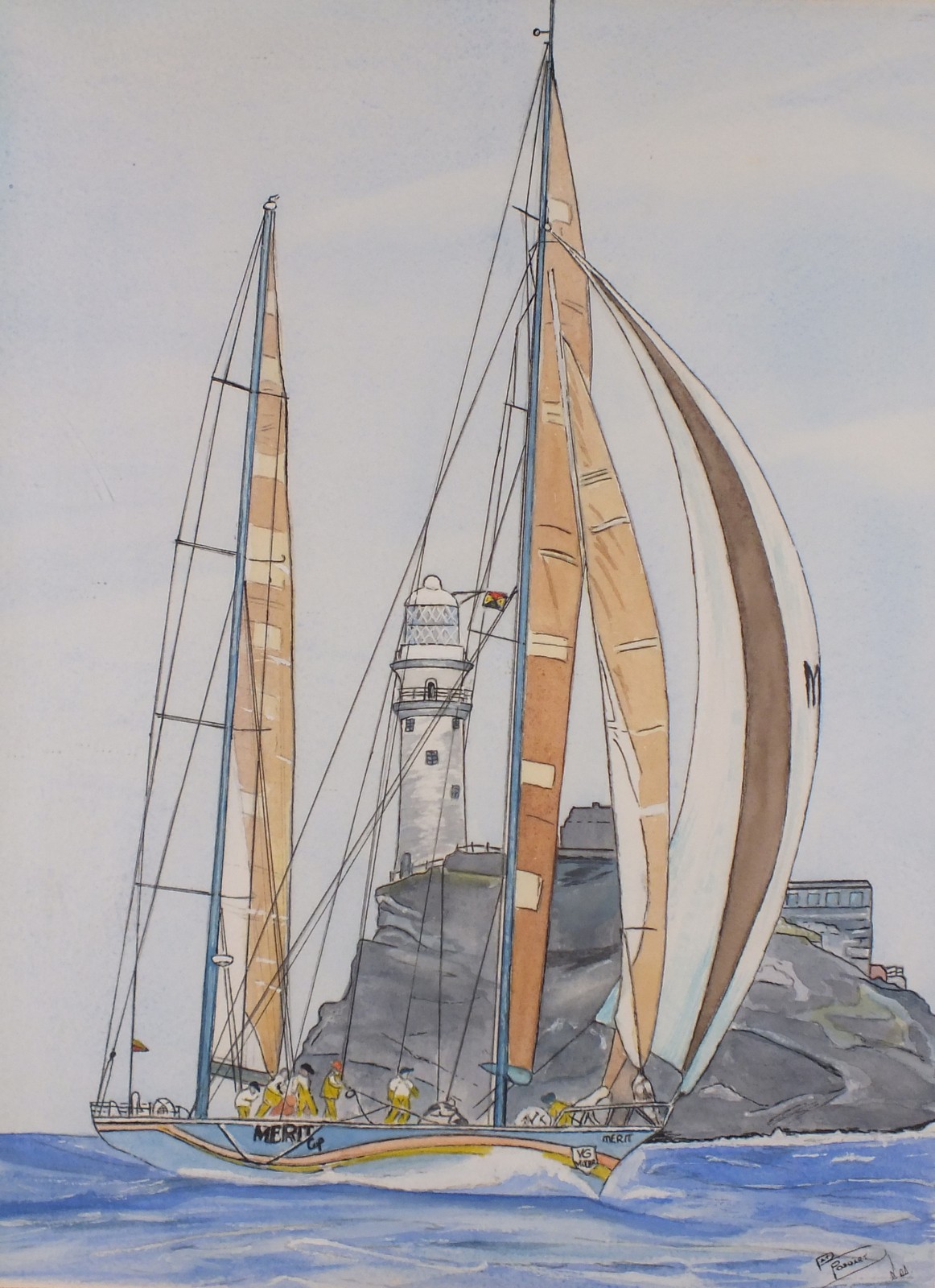 POSWART (20th/21st Century) The Merit Cup yacht passing a lighthouse, Mixed media on paper, Signed
