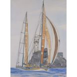 POSWART (20th/21st Century) The Merit Cup yacht passing a lighthouse, Mixed media on paper, Signed