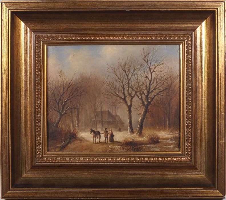 19th Century Style Figures with a Horse in a Winter Woodland, Oil on panel, 6.75" x 8.25" (17cm x - Image 2 of 3