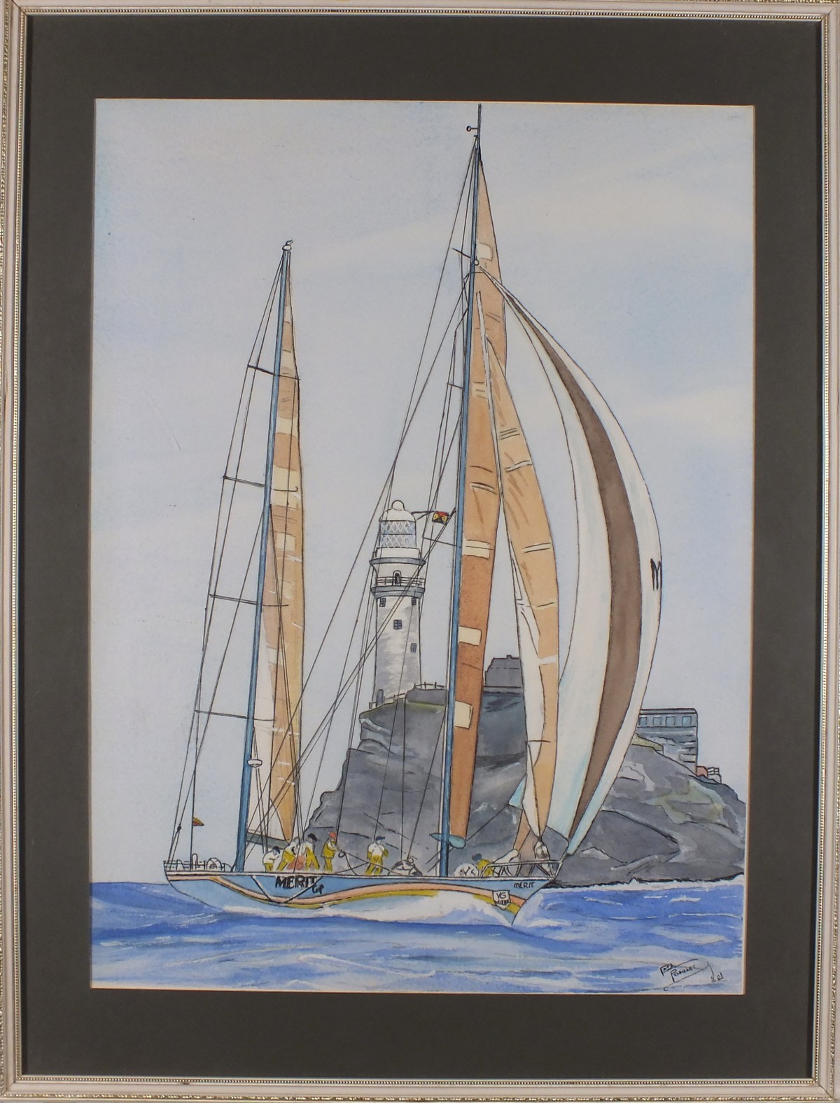 POSWART (20th/21st Century) The Merit Cup yacht passing a lighthouse, Mixed media on paper, Signed - Image 2 of 3
