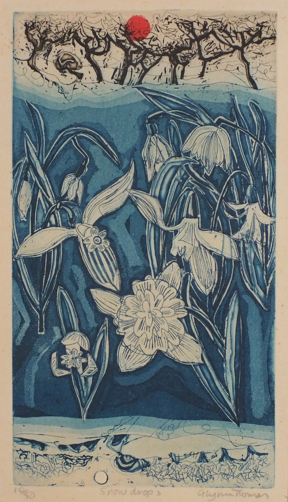 Glynn THOMAS (British b. 1946) Snow Drops, Coloured etching, Signed lower right, inscribed and