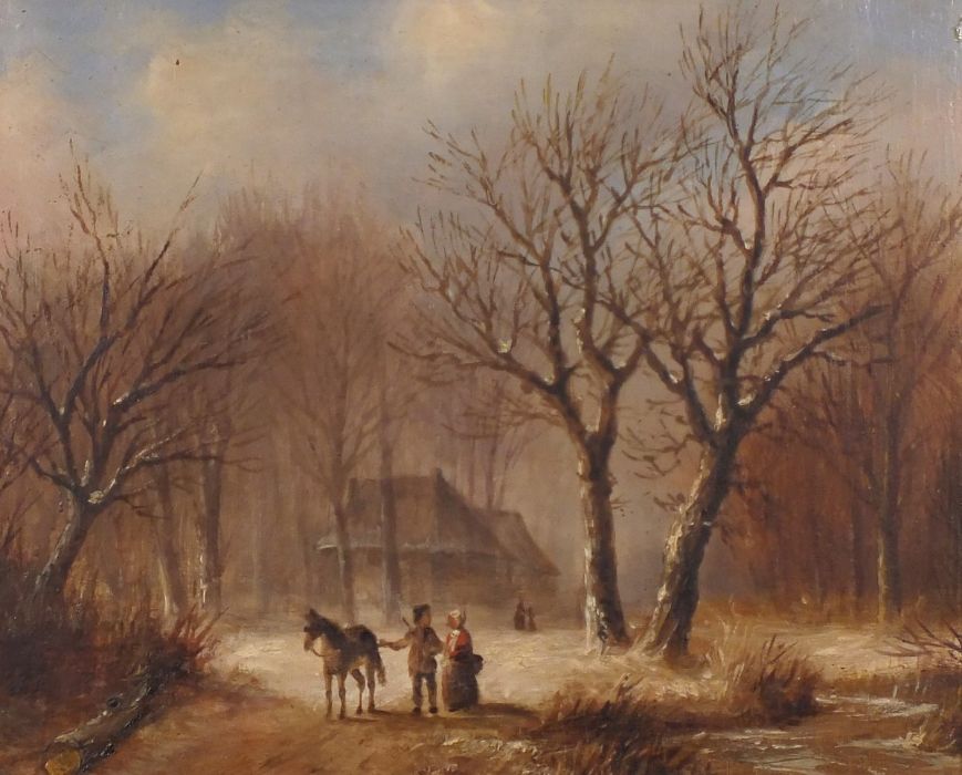 19th Century Style Figures with a Horse in a Winter Woodland, Oil on panel, 6.75" x 8.25" (17cm x