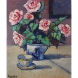 David GAINFORD (British b. 1941) Still Life - Bowl of Pink Roses, Oil on board, Signed lower left,