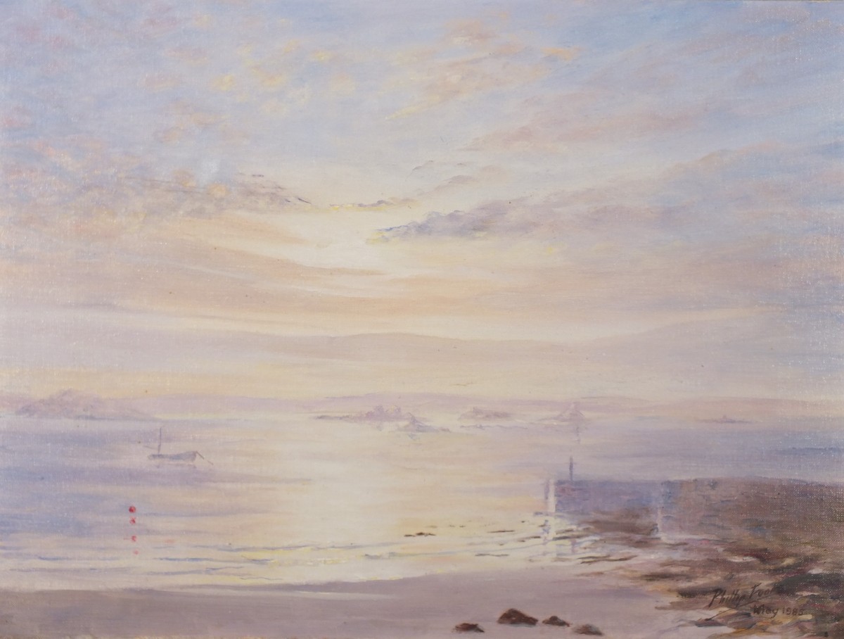 Phillip FOOKS (British b. 1919) Misty Dawn at Old Grimsby Tresco, Oil on canvas, Signed and dated