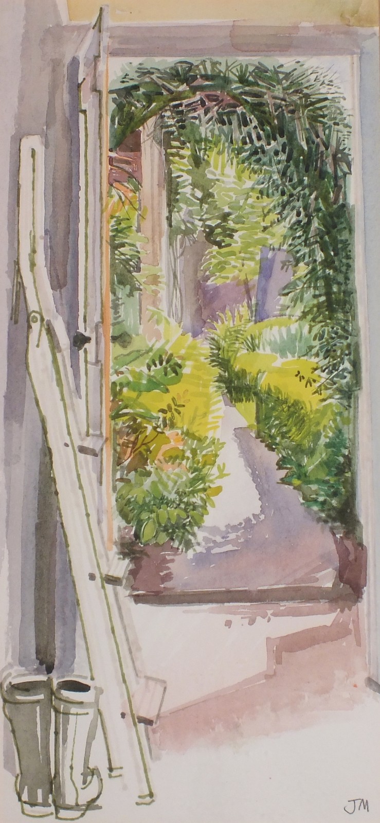 British School (Late 20th Century) Back Garden Retreat, Watercolour, Signed with initials JM lower