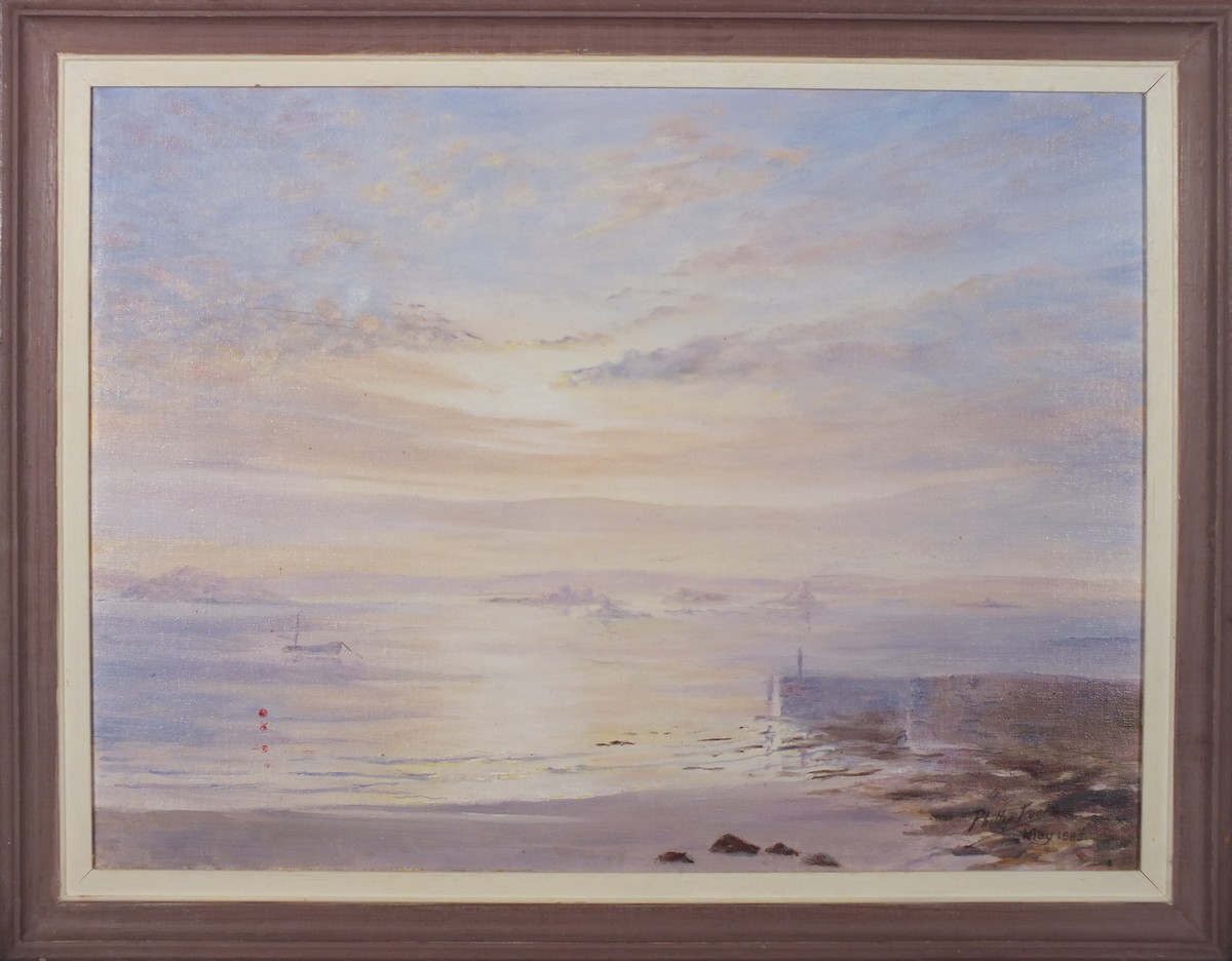 Phillip FOOKS (British b. 1919) Misty Dawn at Old Grimsby Tresco, Oil on canvas, Signed and dated - Image 2 of 3