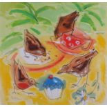 Barbara KARN (British b. 1949) Tea with the Birds, Mixed media on paper, Signed lower left, 14" x