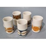 ƚ Five Troika Mugs with various geometric designs, each marked to base, 4.5" high (11cm) (5)