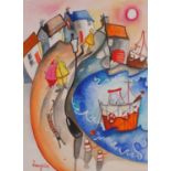 ƚ Lucy COLLINS (British 20th / 21st Century) Romantic Walk by Harbour, Watercolour, Signed and dated