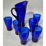 ƚ A Bristol Blue Glass Pitcher, together wth six Bristol Blue tall tumblers, pitcher 9.75" high (