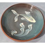 Lamorna Pottery Pin Dish, Decorated with a Fish design, incised to base, 4.75" diamter (12cm),