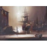 ƚ Barry HILTON (British b. 1941) Galleon Moored in Harbour (Moonlight), Oil on canvas, Signed