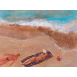 Richard SORRELL (British b. 1948) Sunbathers Quiet Beach, Acrylic on board, Signed lower right, 8" x